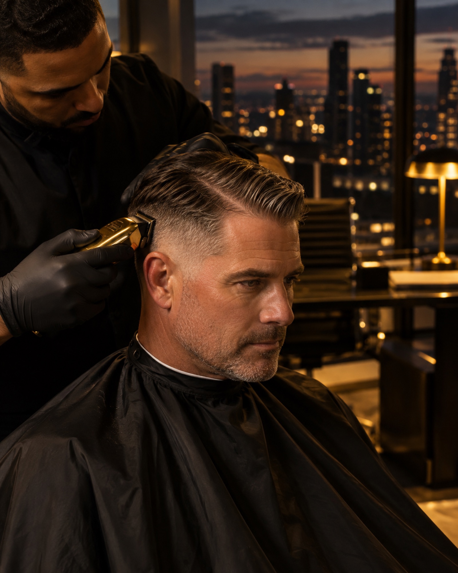 Businessman getting an executive taper fade in his office
