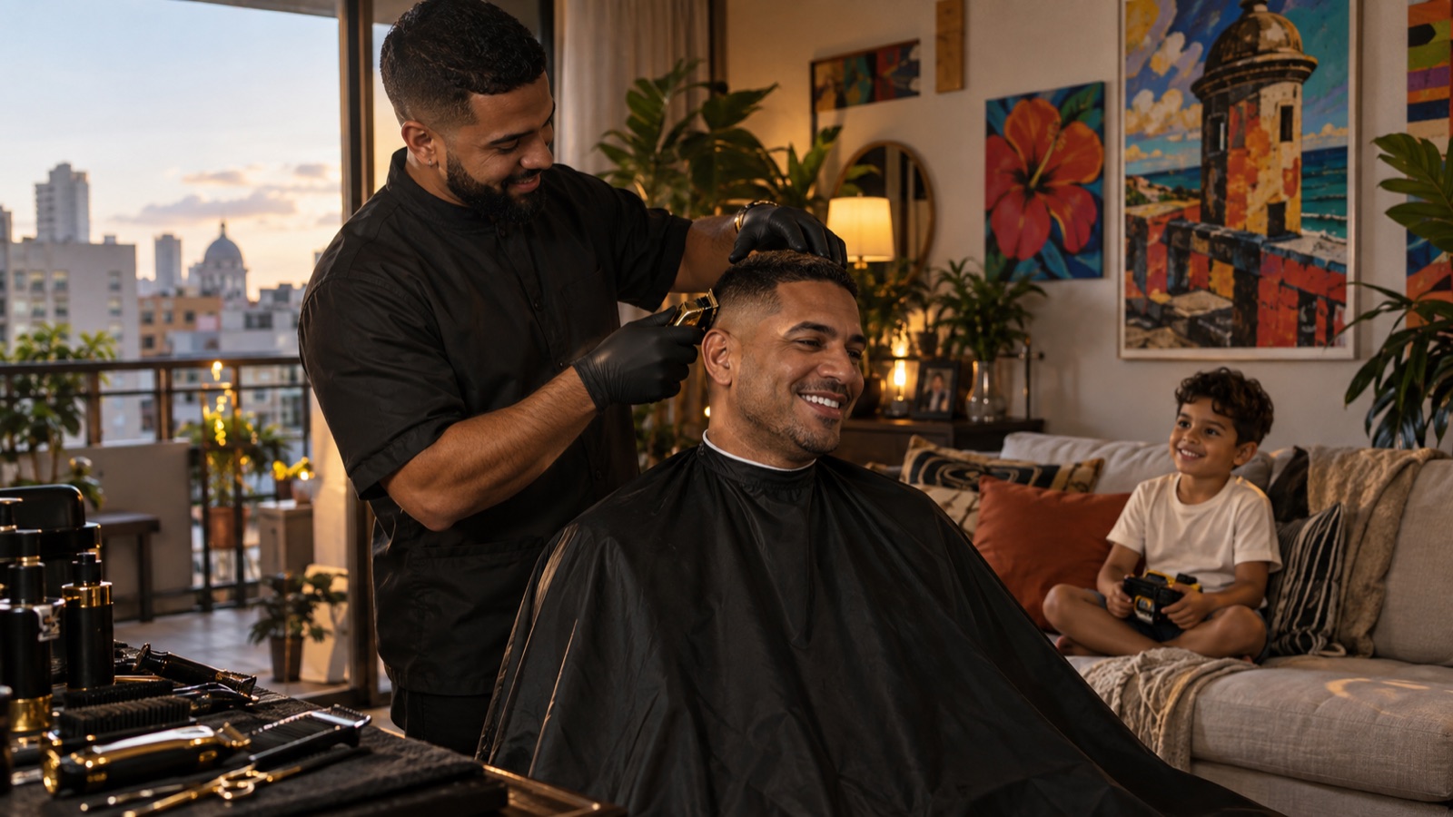 Father and son getting haircuts at home in Santurce