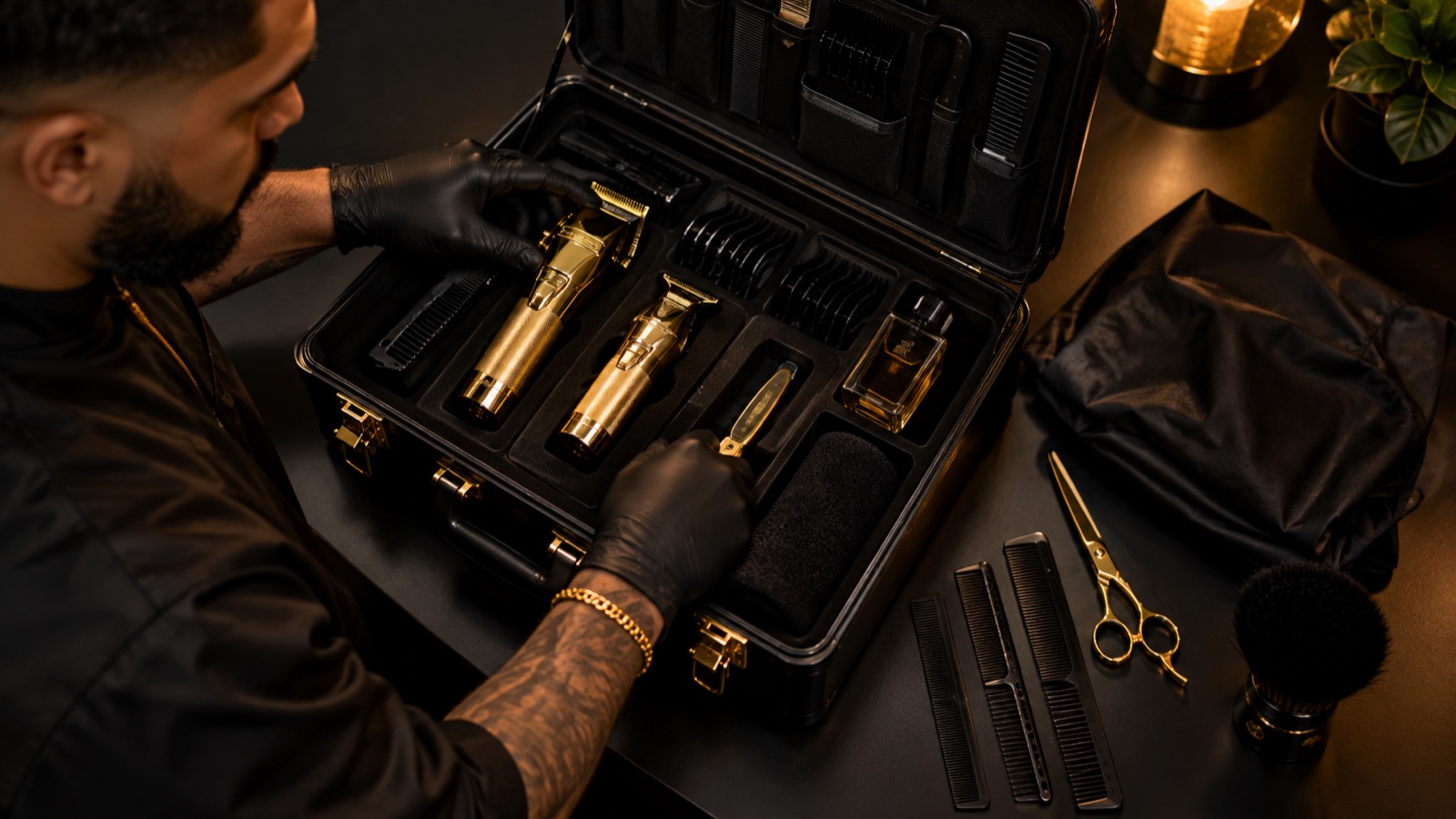 Mobile barber kit with gold clippers, razor and cape