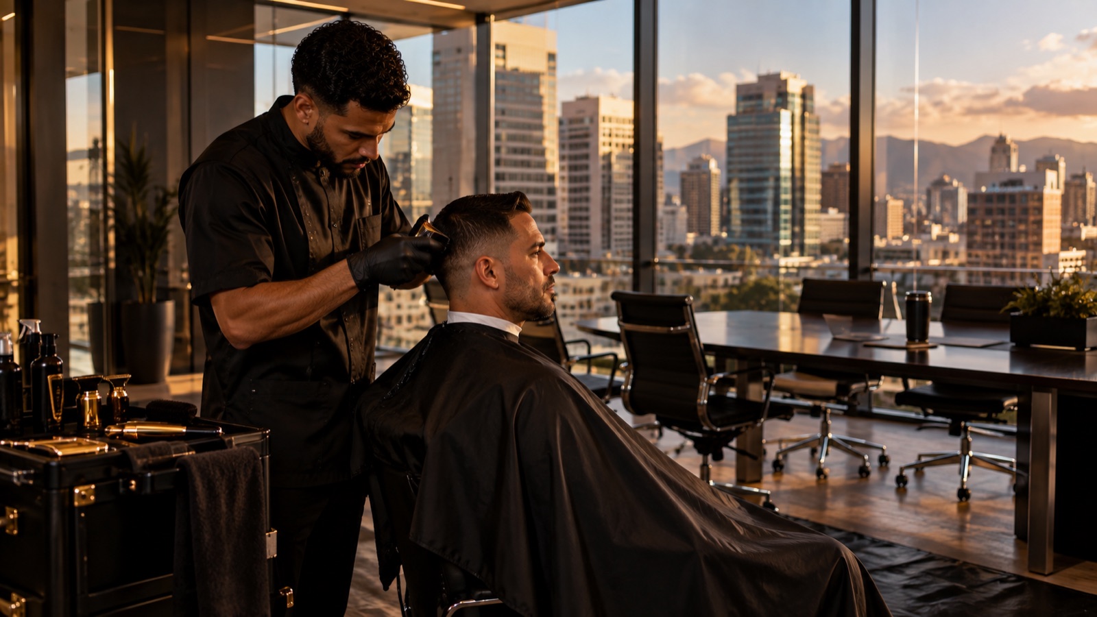 Barber cutting hair in a Hato Rey office conference room