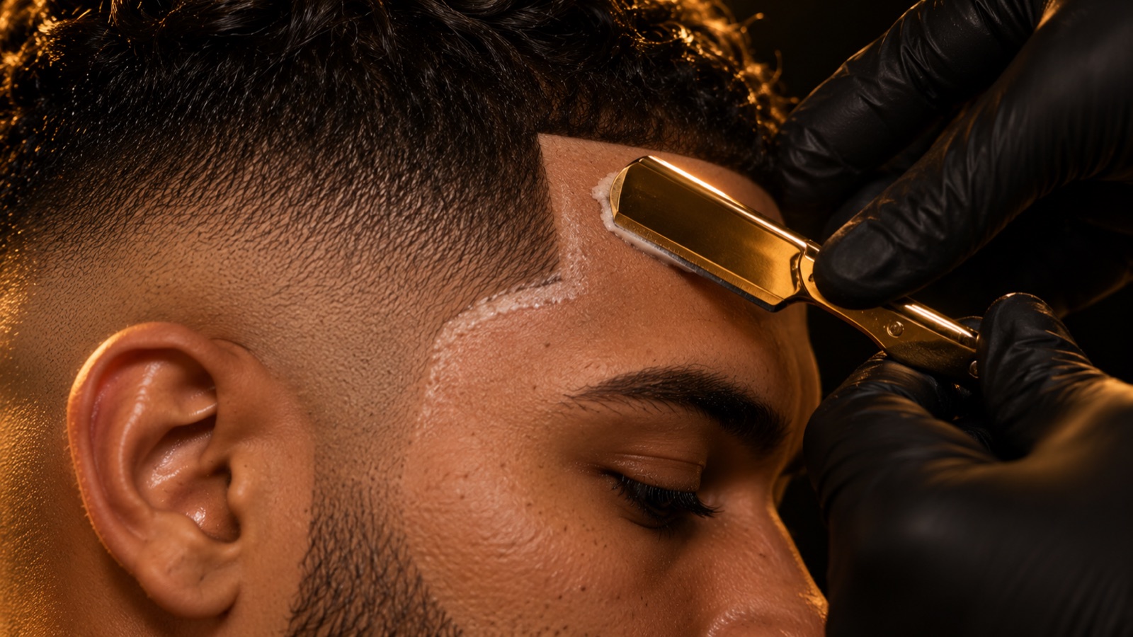 Straight razor edging a temple lineup on a fresh fade