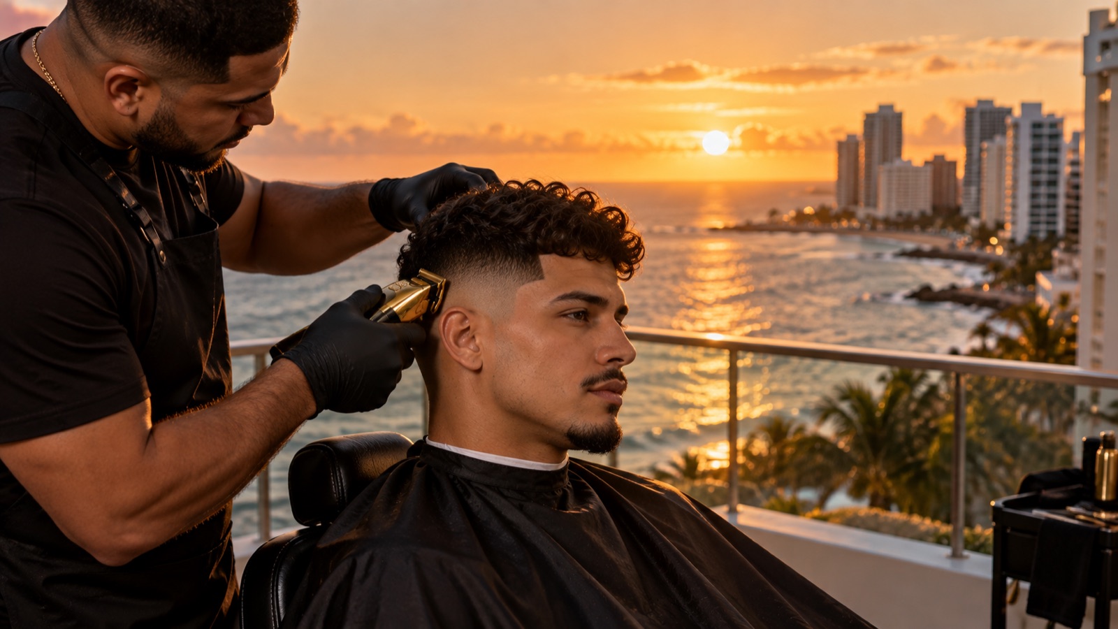 Taper fade on a Condado balcony at golden hour