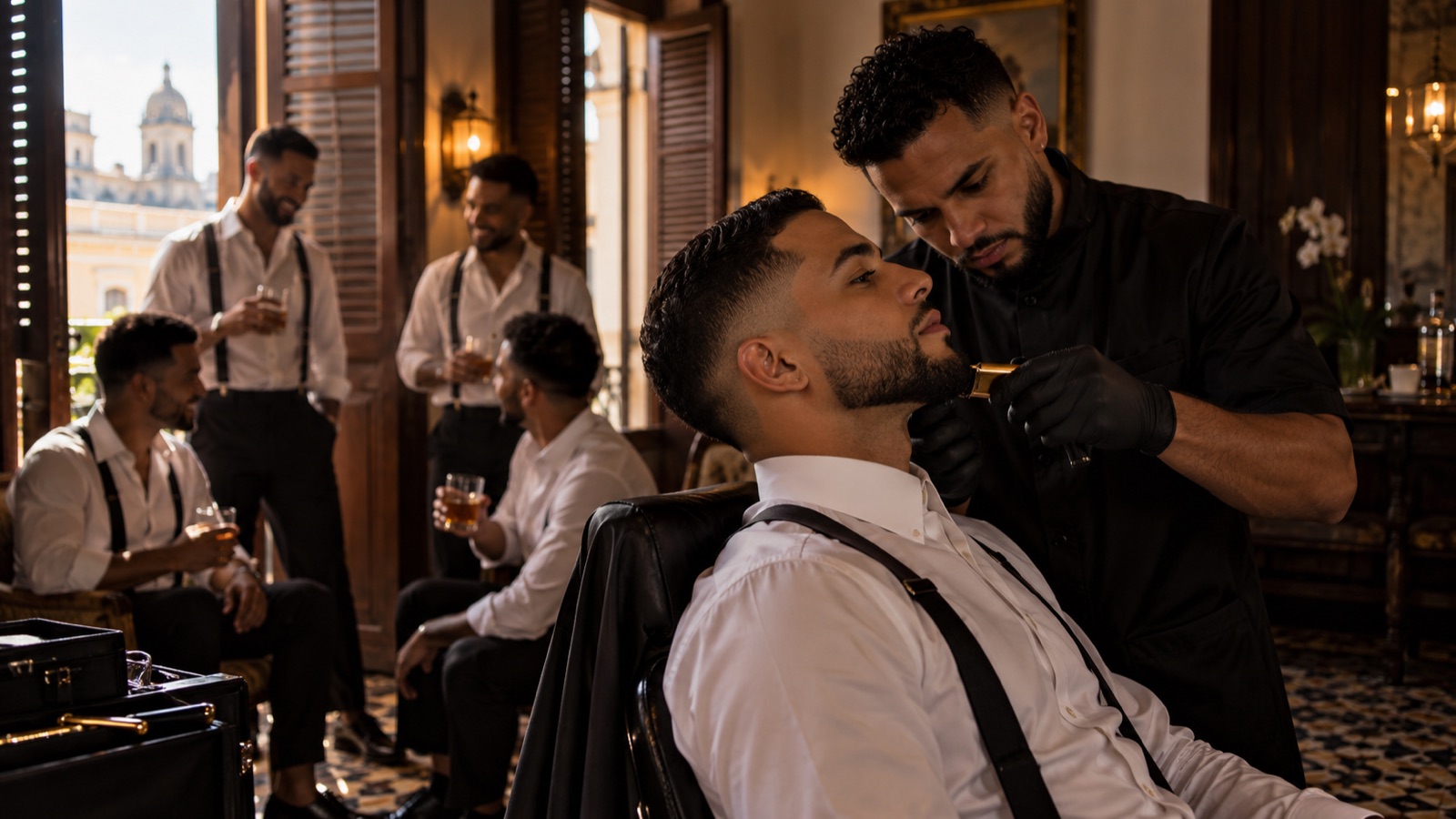 Wedding barber finishing a groom's cut in Old San Juan